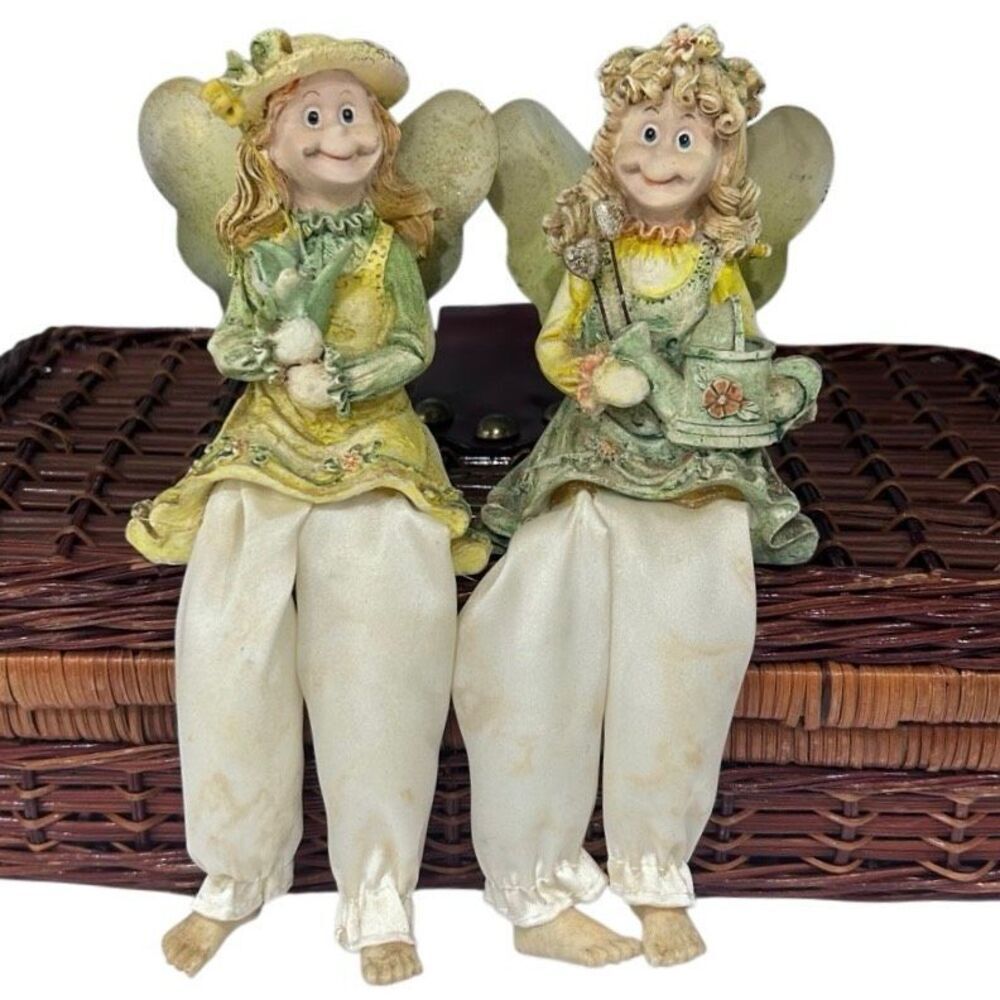 Lot of 2 Vtg Designspirations Gardening Fairy Shelf Sitters Medium Green Resin